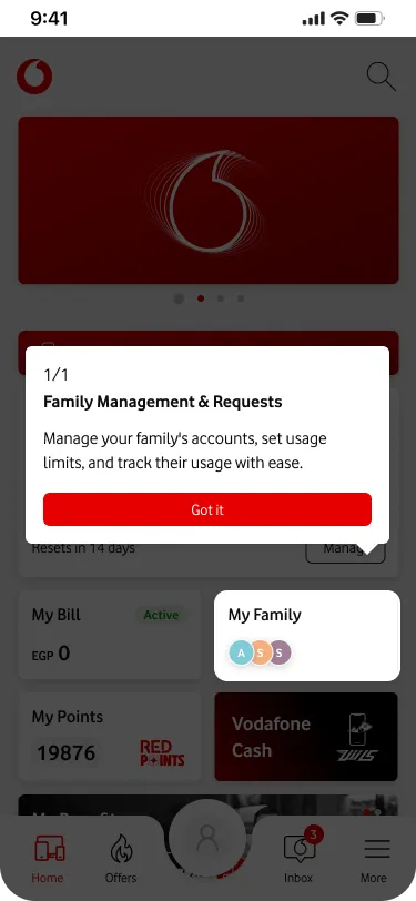 My Vodafone app onboarding tooltip introducing Family Management & Requests, describing how to
manage family accounts, set usage limits, and track
usage.