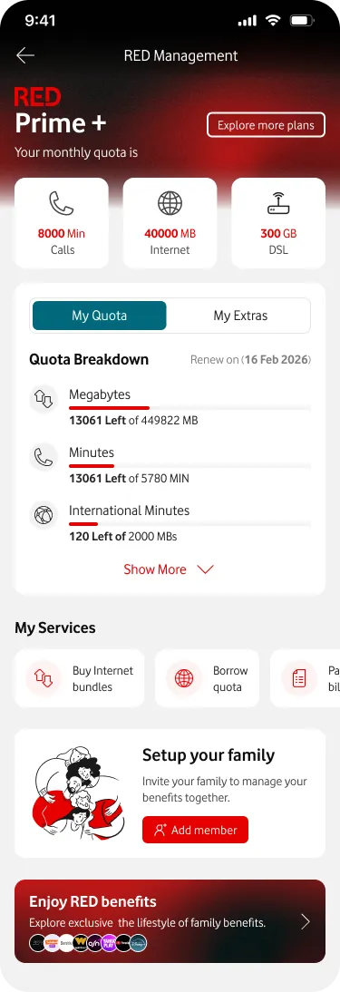 RED Management dashboard showing the plan owner quota, usage breakdown, services, and the entry point for setting up a family.