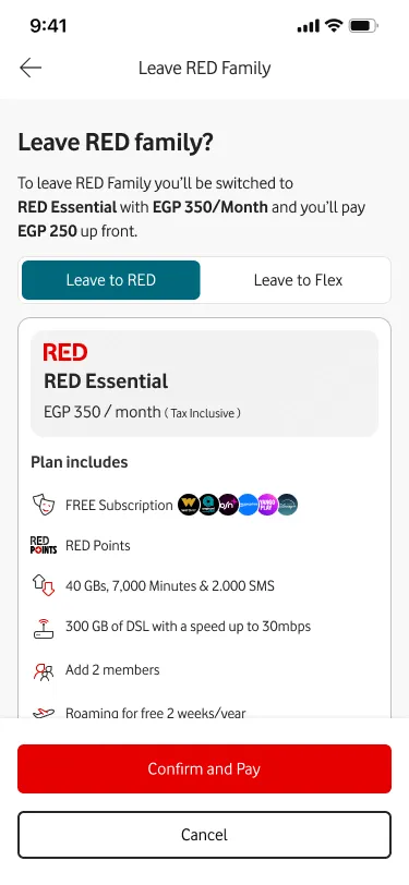 Leave RED Family screen comparing “Leave to RED” and “Leave to Flex” outcomes with full plan
pricing and benefits before
confirming
