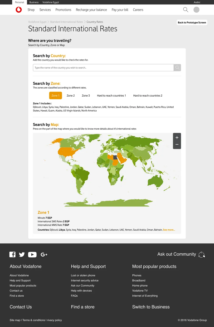 Vodafone Egypt Standard International Rates page with search-by-country, search-by-zone, and an interactive color-coded world map showing zone-based call rate details for Zone 1.