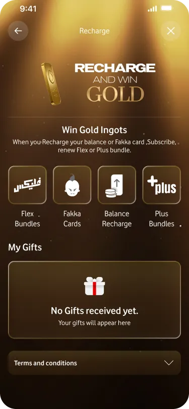 Recharge and Win Gold in-app promo screen with a small animated gold ingot, recharge method
icons for Flex Bundles, Fakka Cards, Balance Recharge, and Plus Bundles, and a My Gifts
section.