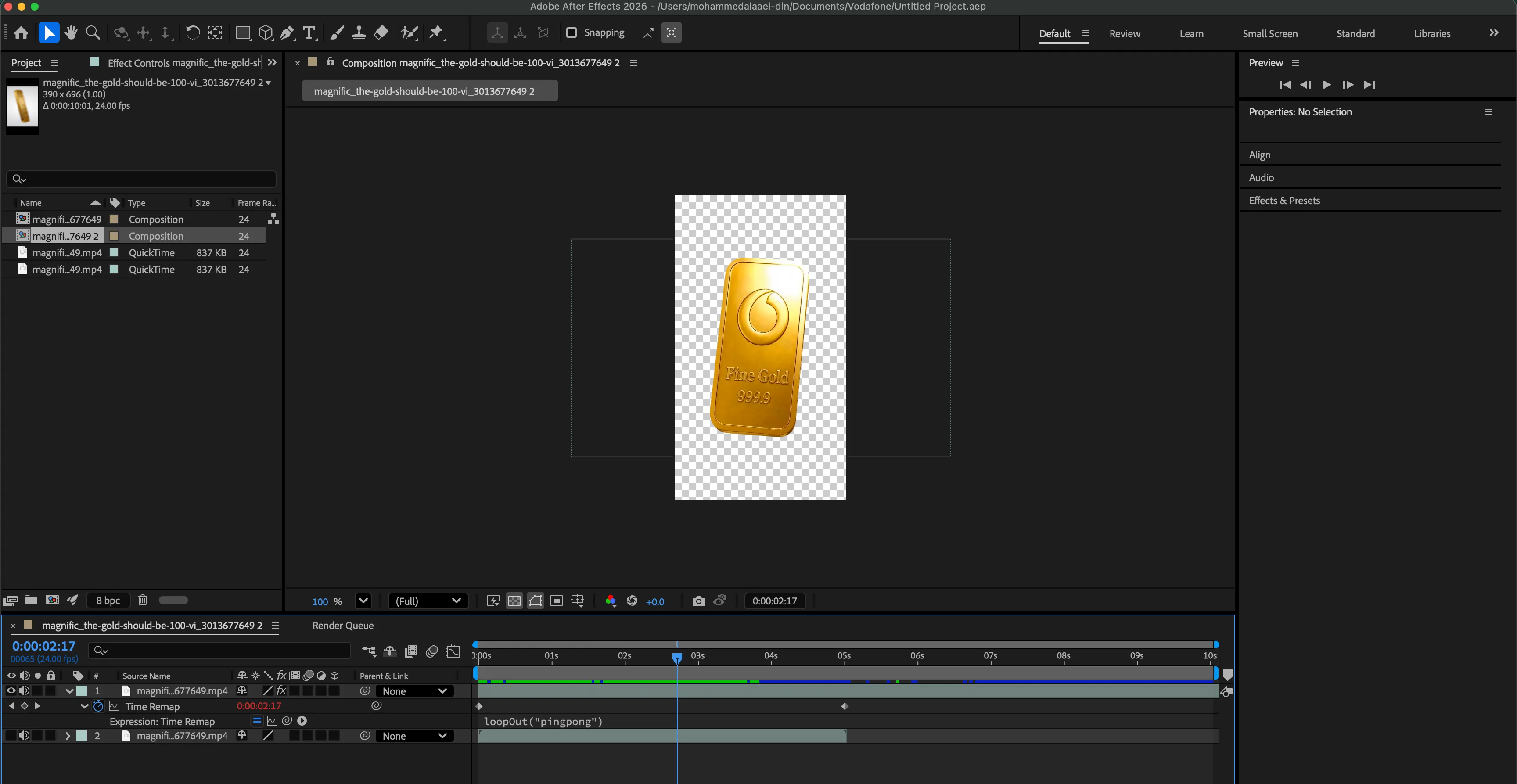 After Effects project file for the gold bar animation, showing a Time Remap track with a
loopOut(“pingpong”) expression and multiple render
passes
