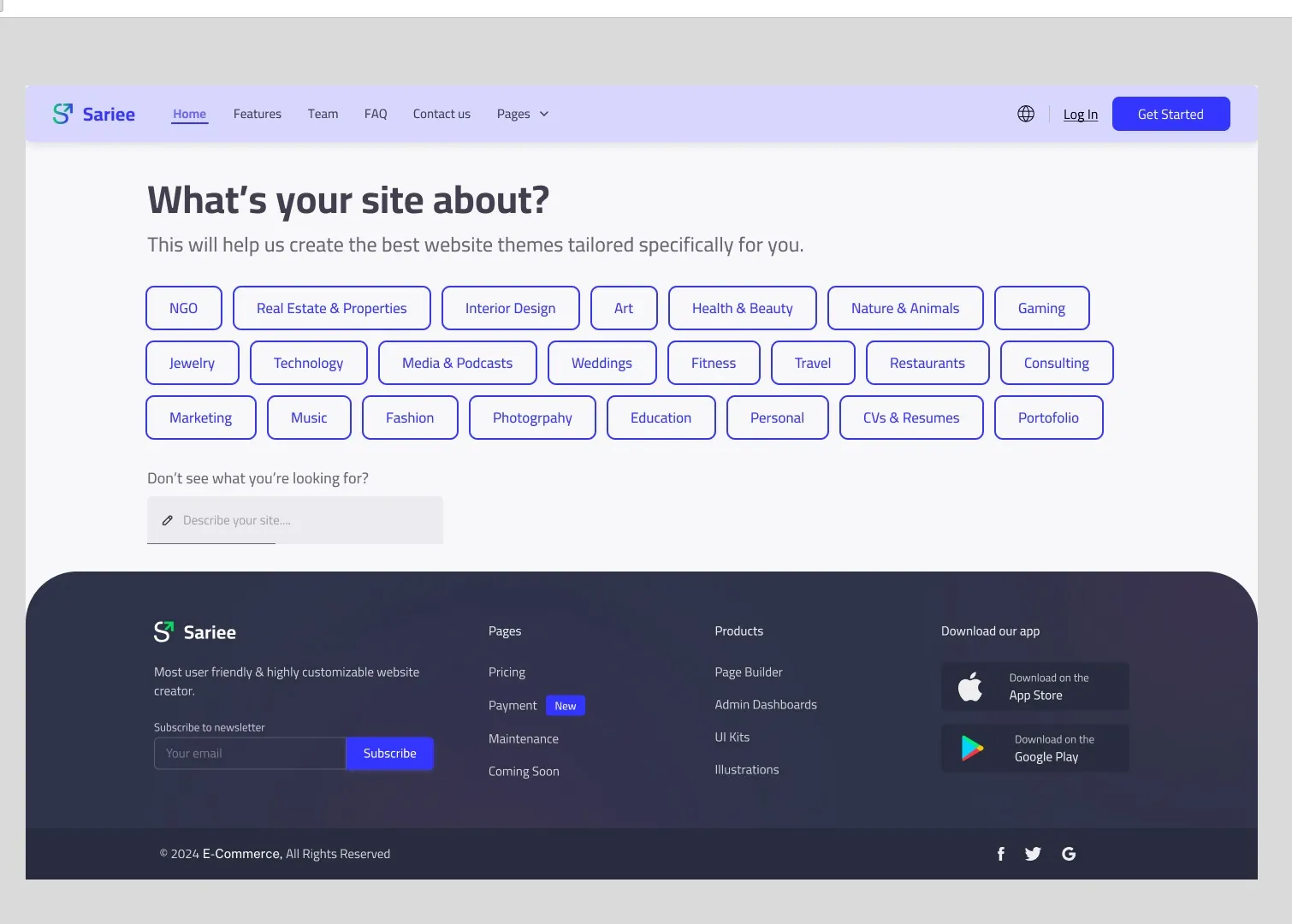 Sariee onboarding screen asking “What’s your site about?” with a grid of industry categories
like Real Estate, Health & Beauty, and Gaming, plus a free-text
option