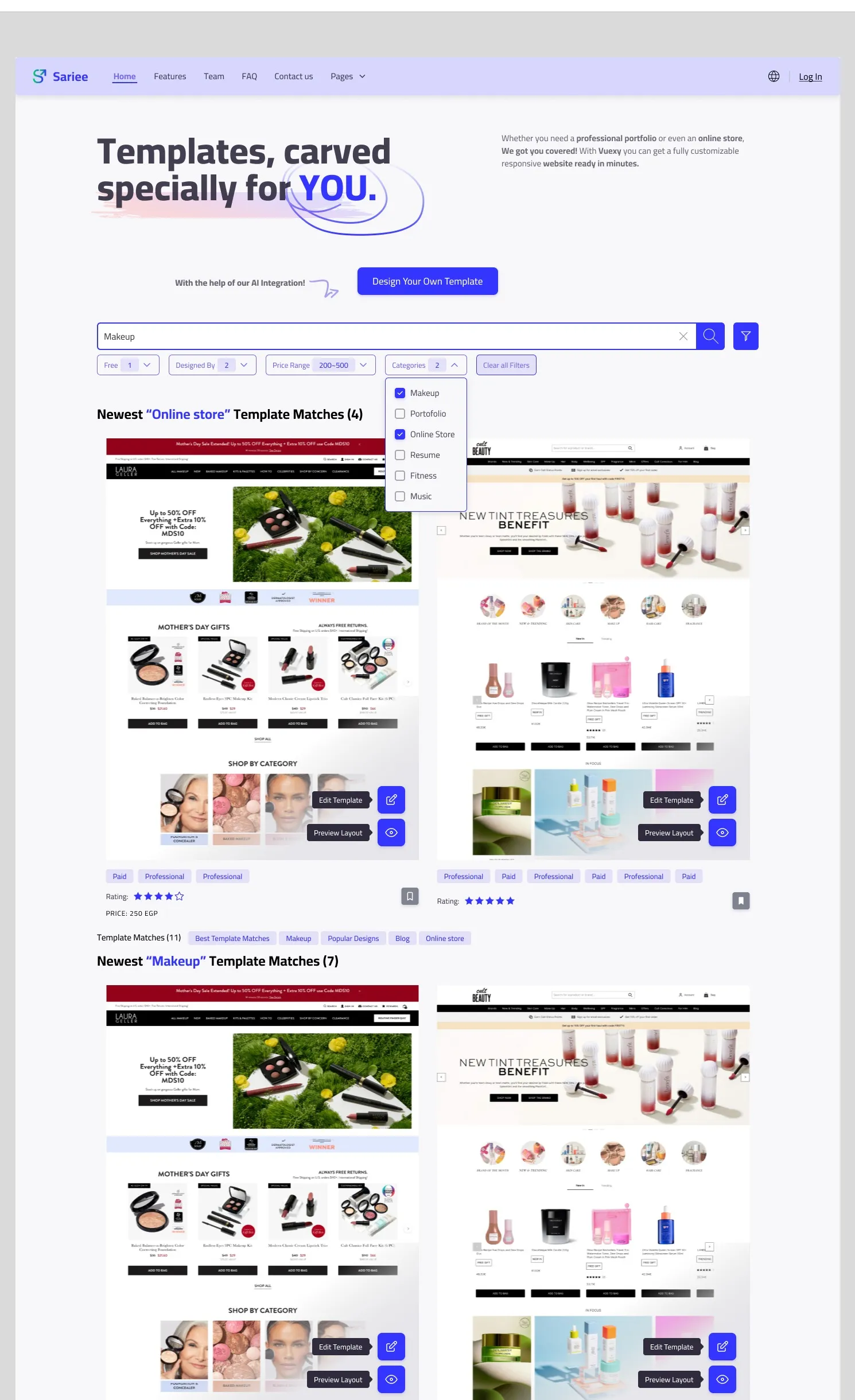 Sariee template-matching screen with the headline “Templates, carved specially for YOU,” the word YOU circled, and AI-tailored website results below.