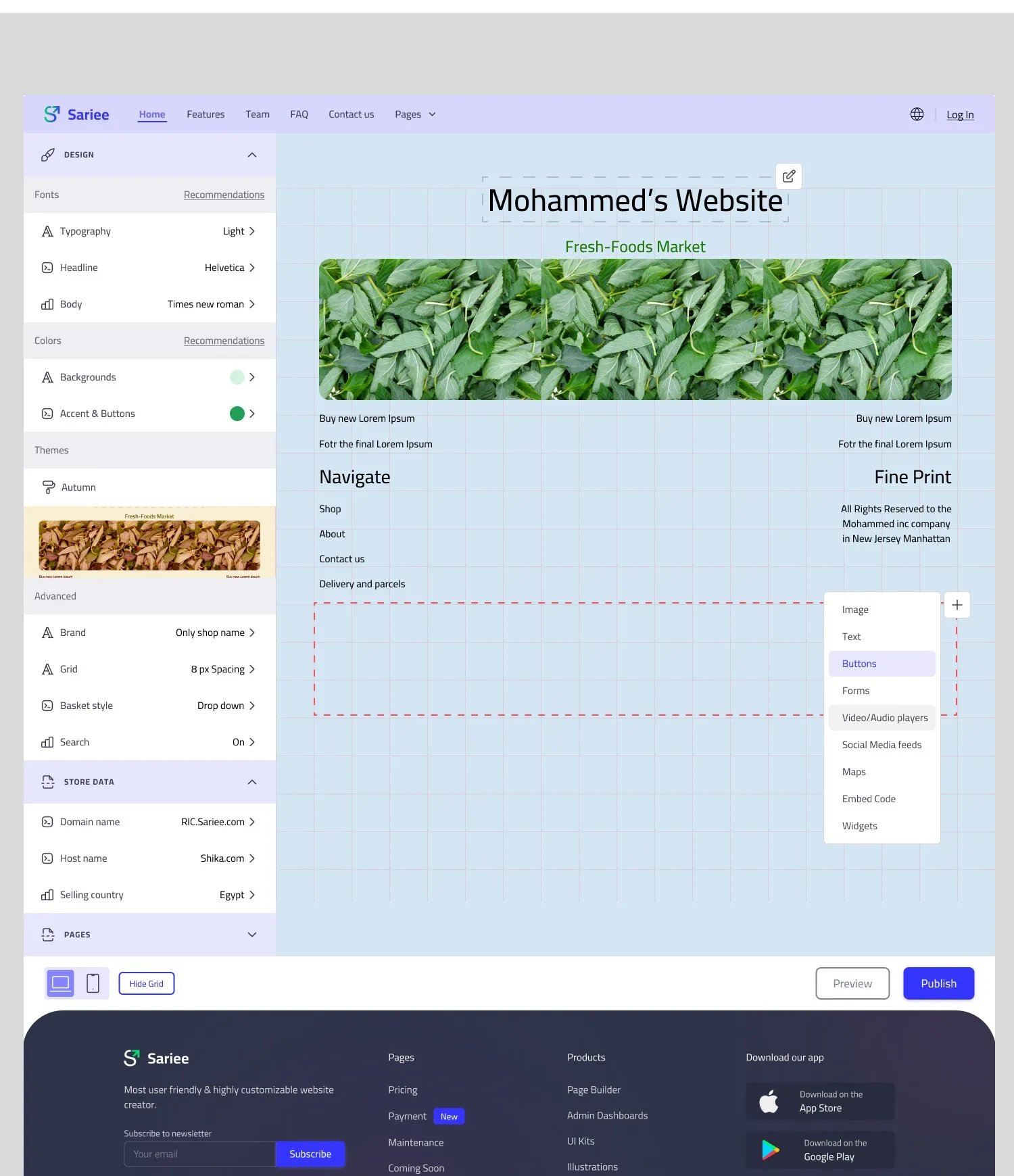 Sariee site builder canvas showing a left panel for fonts, colors, and store data, and a live
page canvas with a floating block-insertion
menu