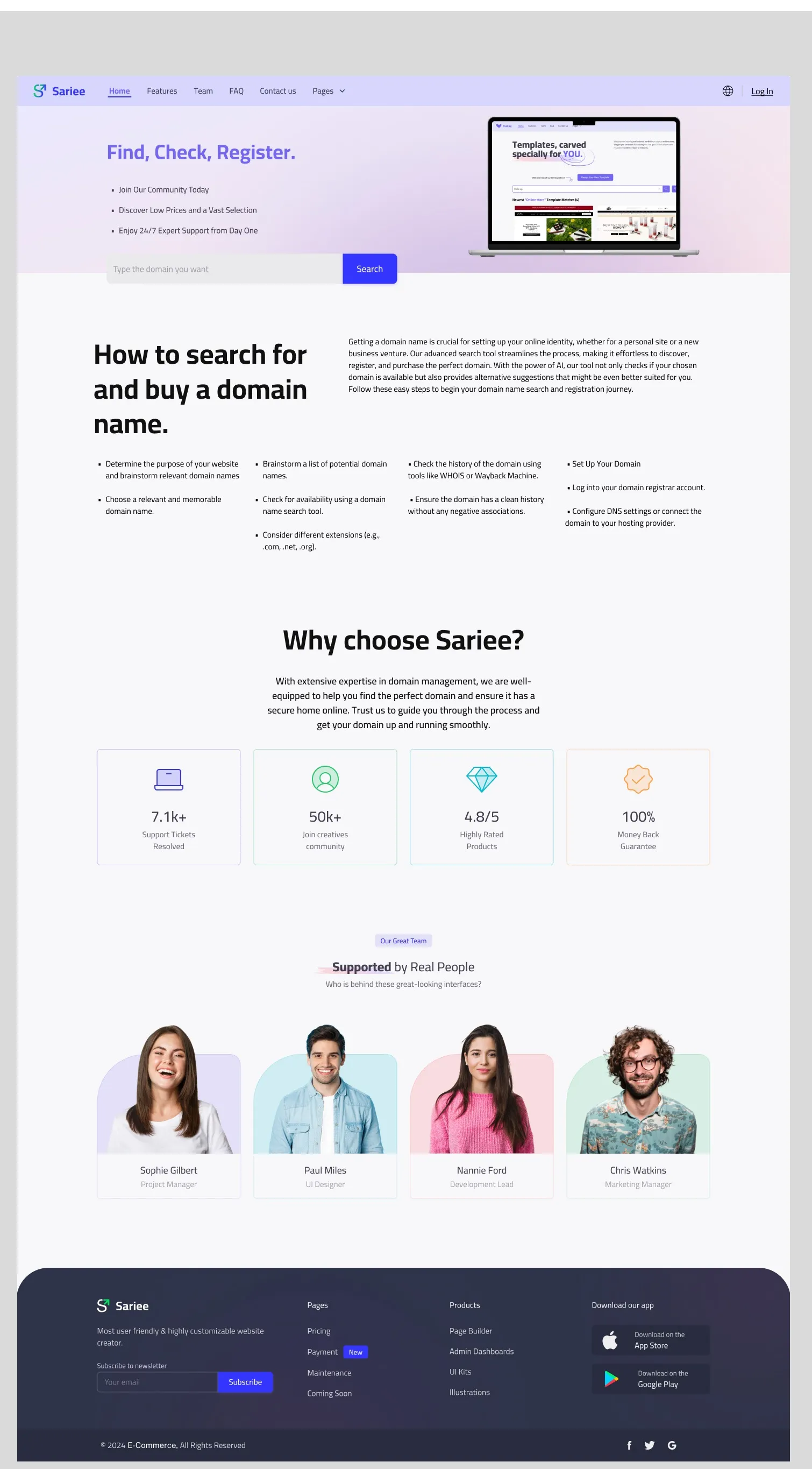 Sariee domain search landing page with a “Find, Check, Register” header, step-by-step domain
guidance, and trust stats for the
product