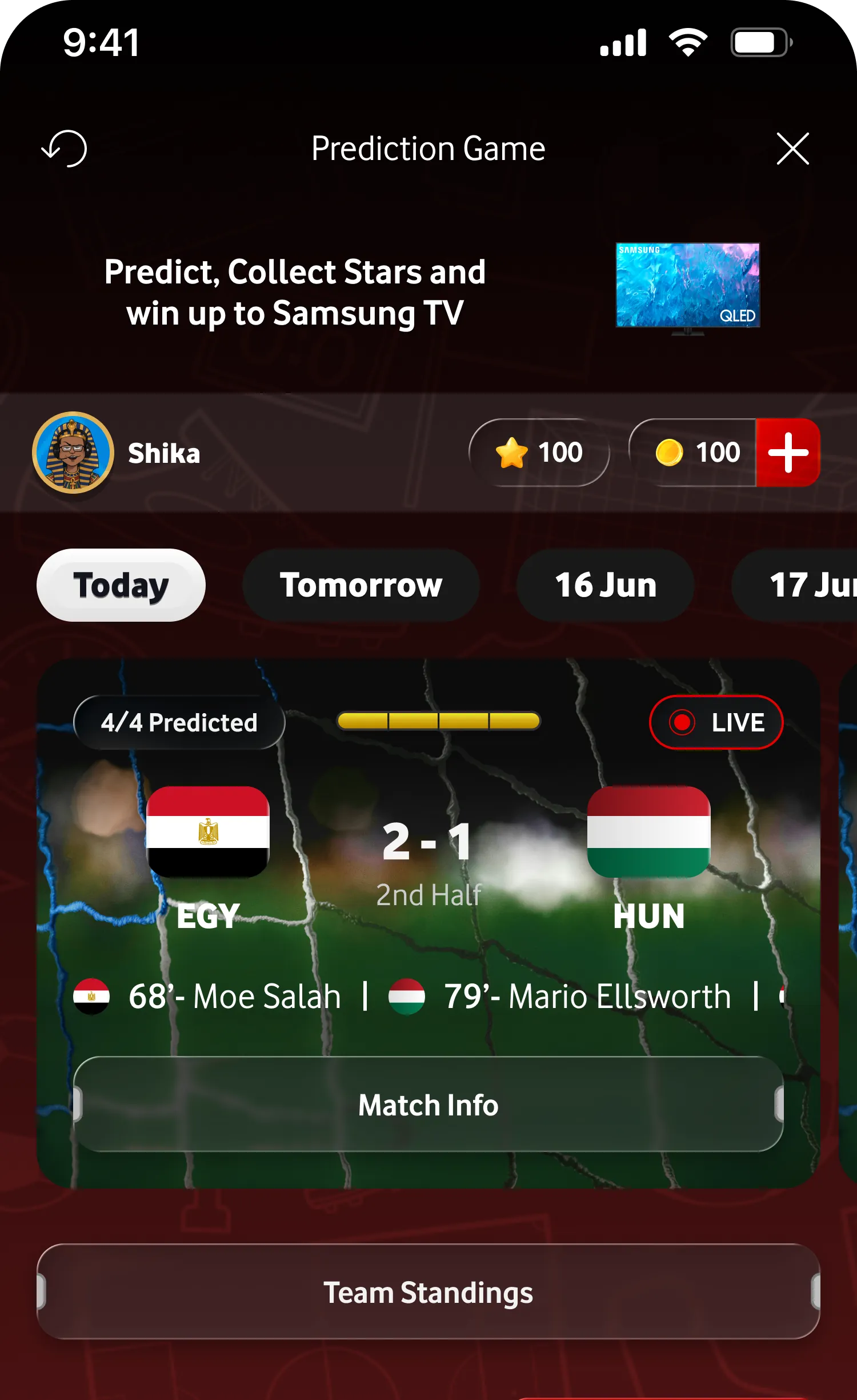 Takhmeen fil 90 home screen showing a live Egypt vs. Hungary match card, a bonus prediction banner for the tournament final, and a private league leaderboard.