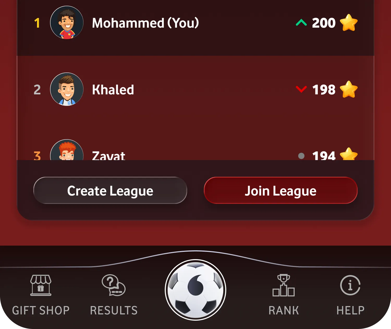 Takhmeen fil 90 leagues screen with a ranked leaderboard, player star totals, and Create League
and Join League
buttons