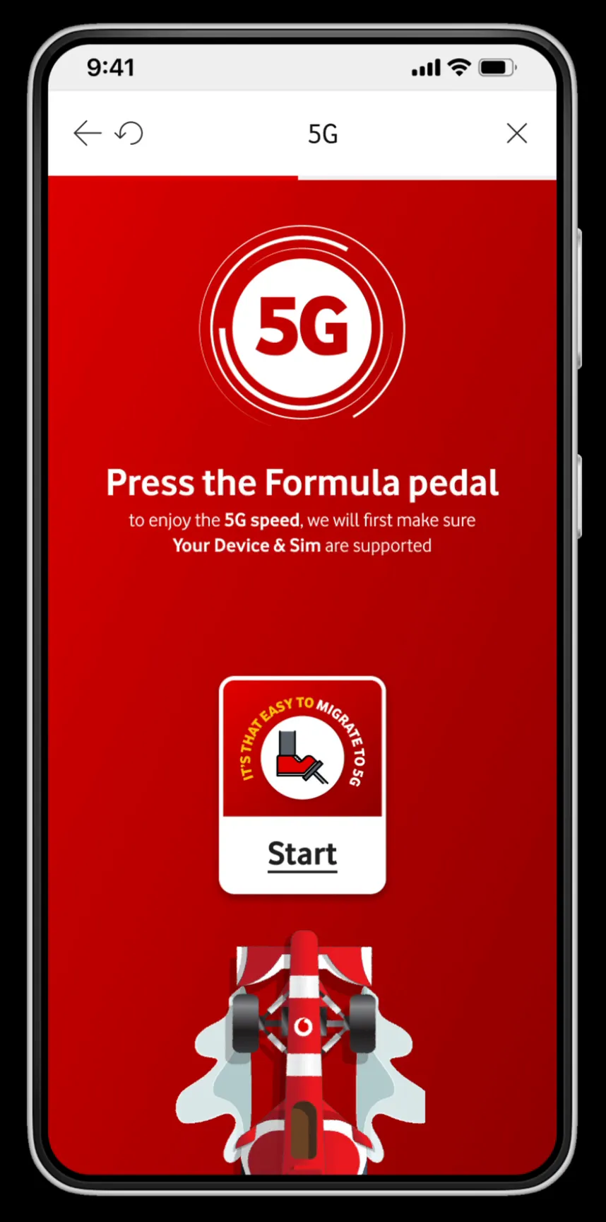 Mobile screen with a glowing 5G badge, the headline "Press the Formula pedal," and a red Formula 1 car icon beneath a Start button.