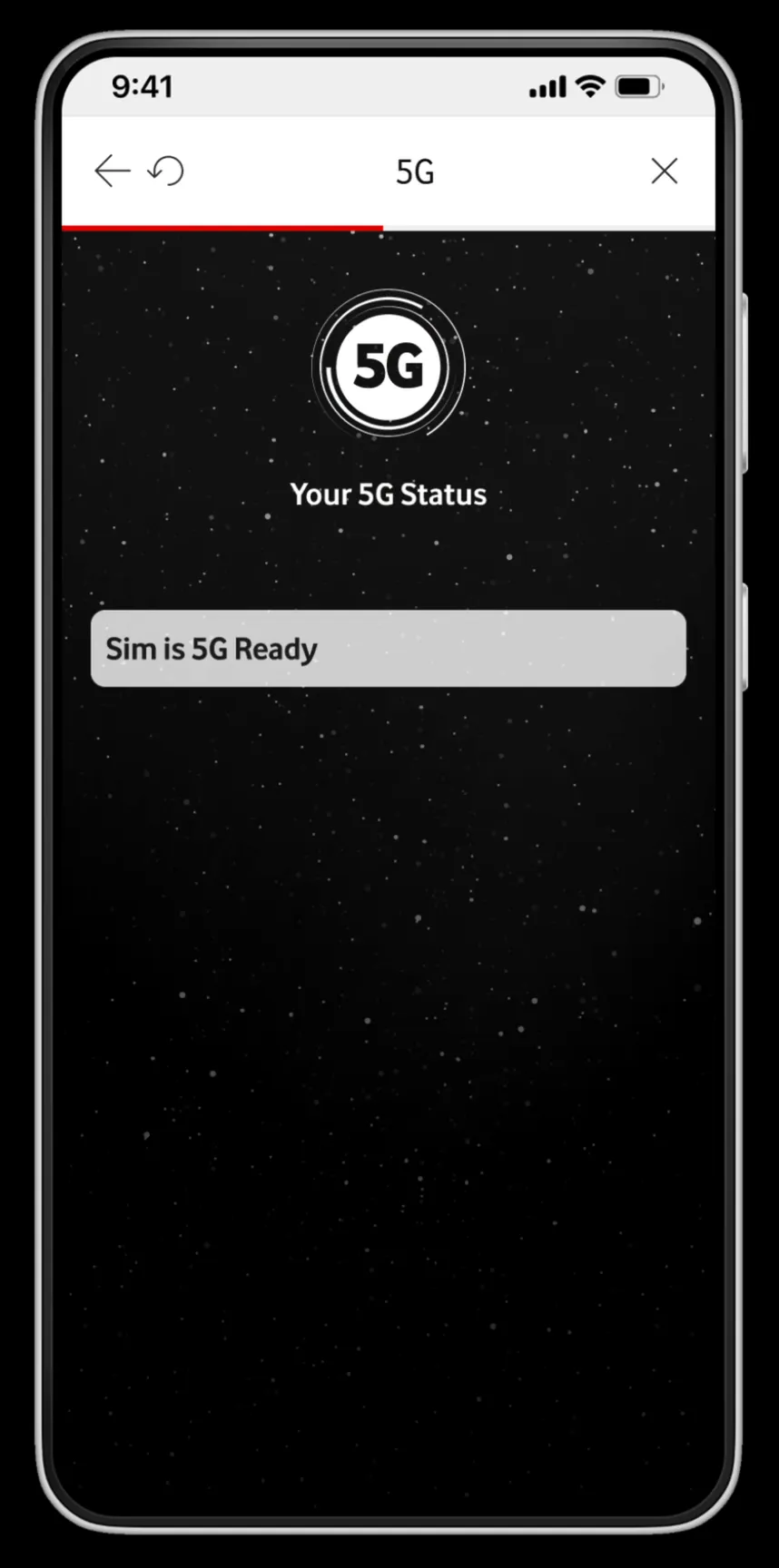 Dark, starfield result screen showing a monochrome 5G badge, “Your 5G Status,” and a “Sim is 5G
Ready”
confirmation