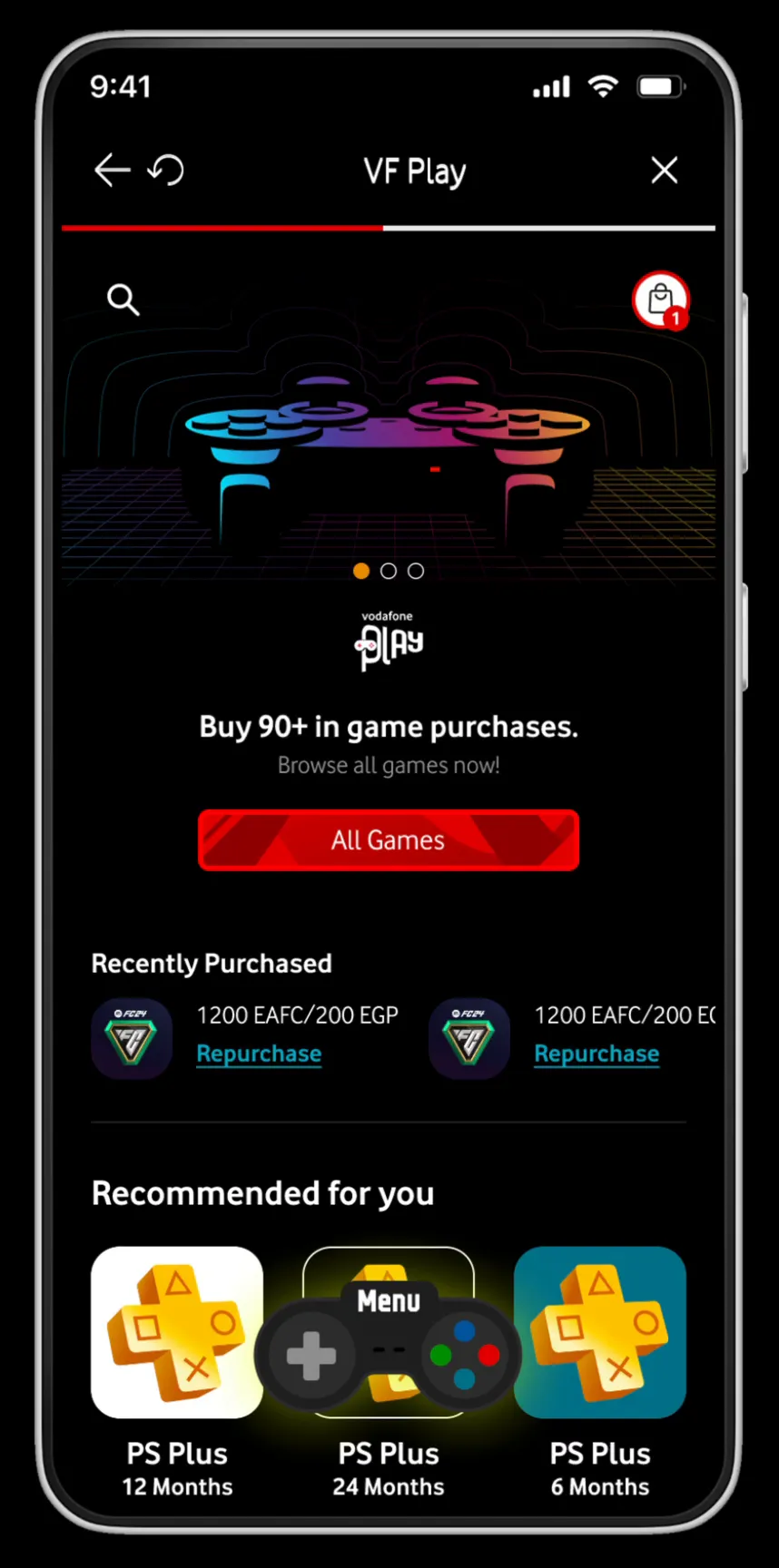 VF Play home screen with a colorful game-controller hero banner, “Buy 90+ in game purchases,”
an All Games button, and Recently Purchased and Recommended
sections.