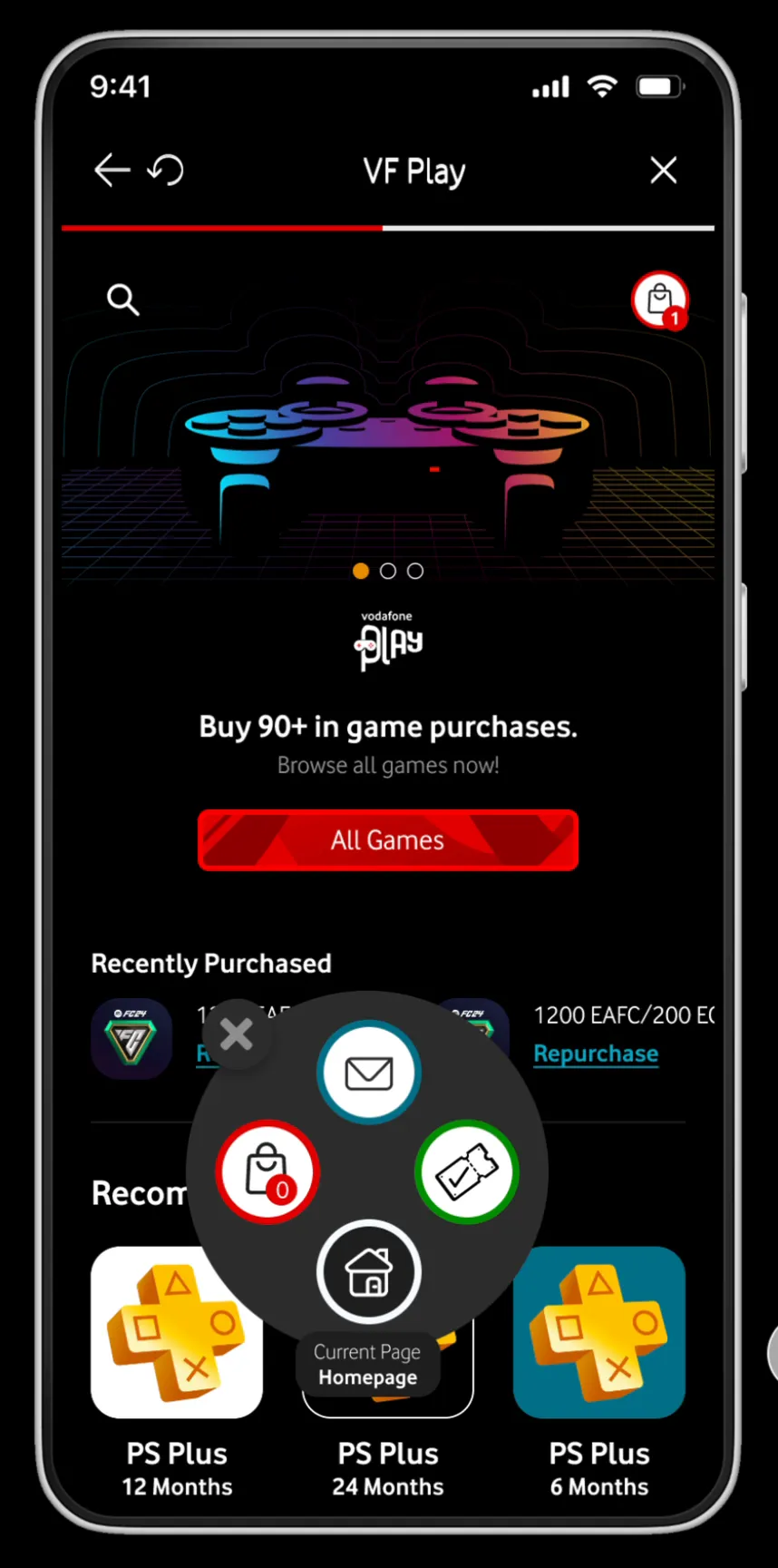 VF Play floating navigation button expanded into a circular radial menu with message, reward,
home, and offer
shortcuts