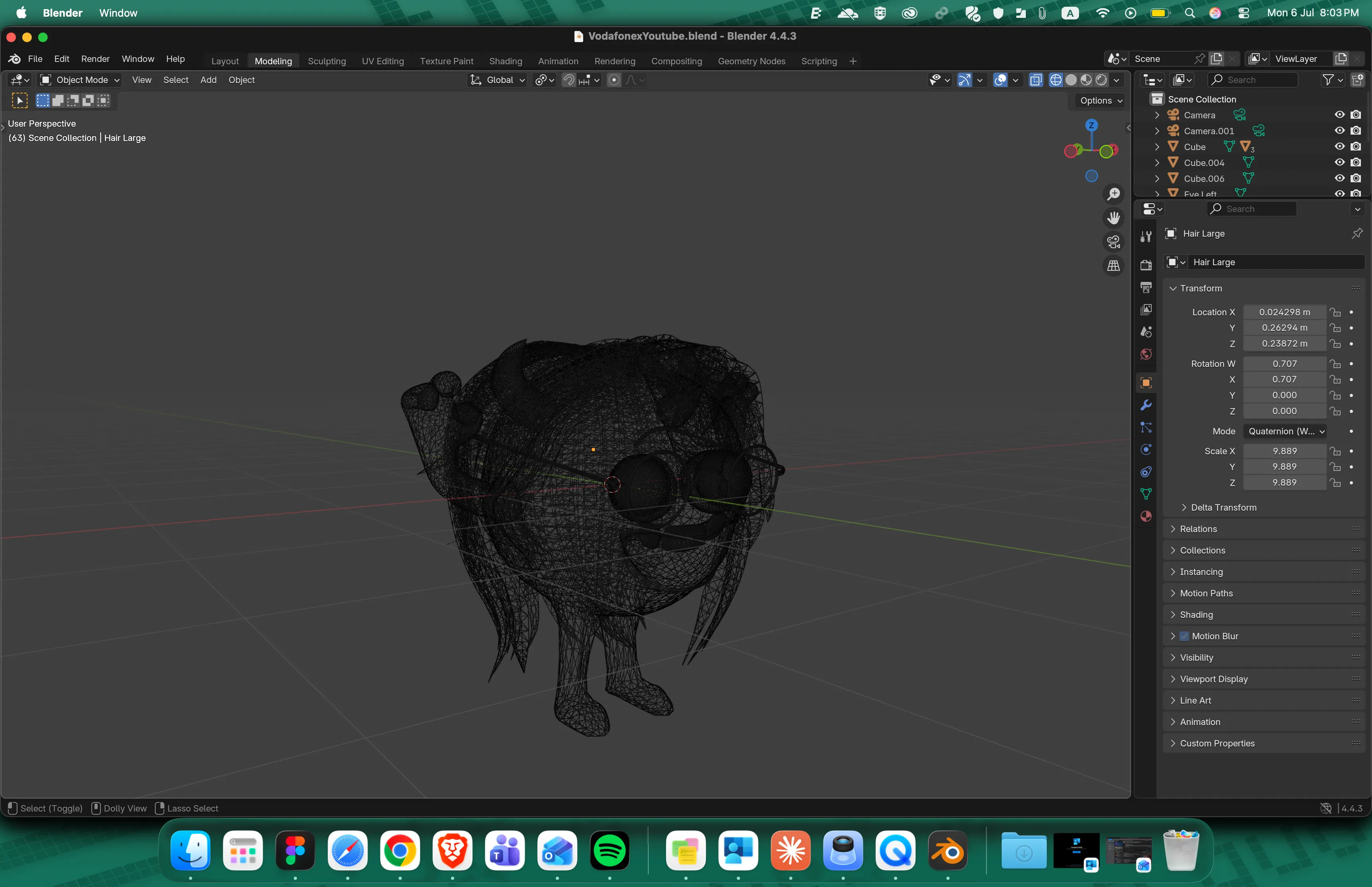 Wireframe view in Blender revealing the custom topology, hair geometry, face, limbs, and eye
construction of the crossover
mascot.