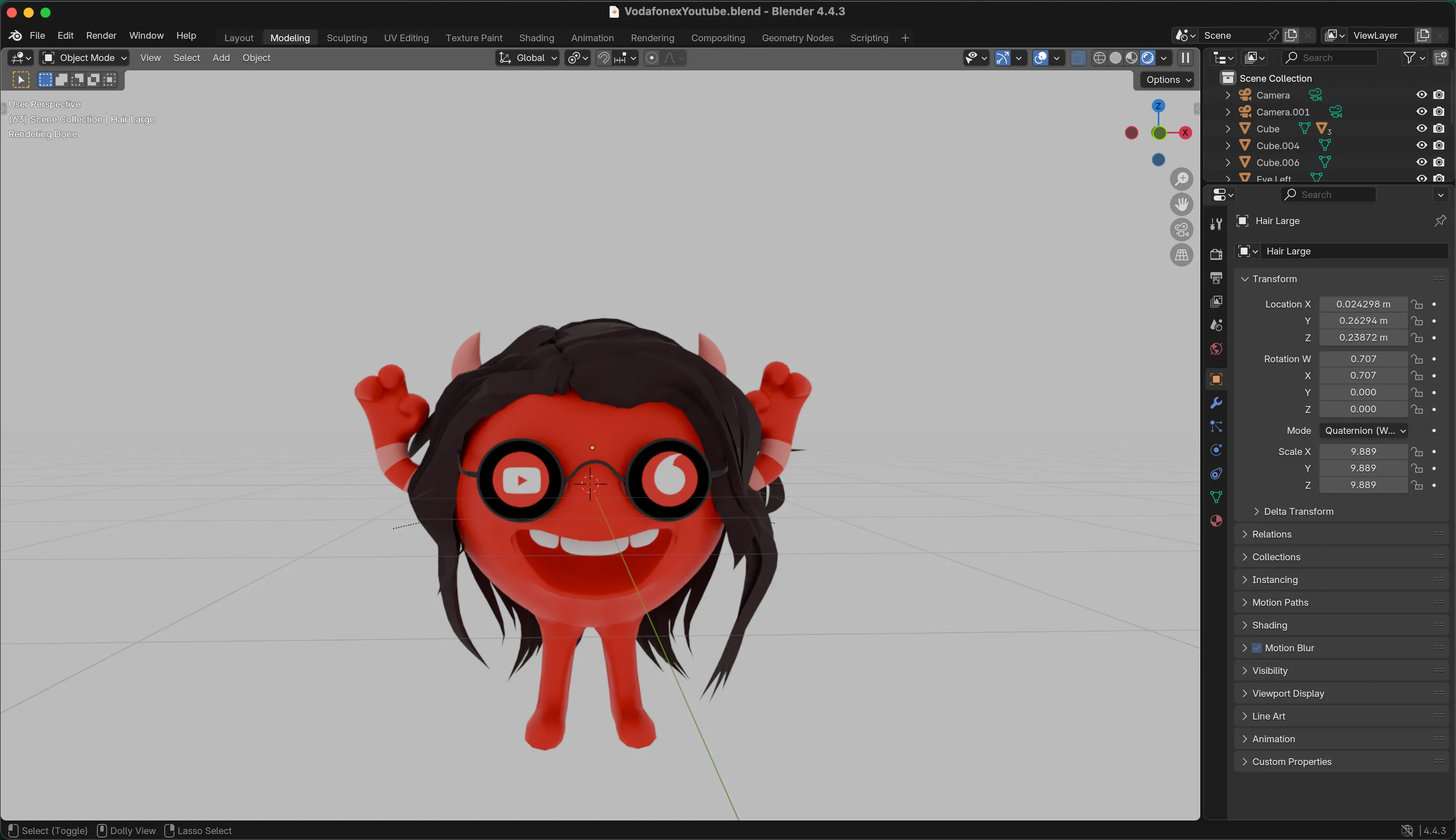 Blender viewport showing the completed red YouTube and Vodafone crossover mascot, with the YouTube play button and Vodafone mark used as its eyes.
